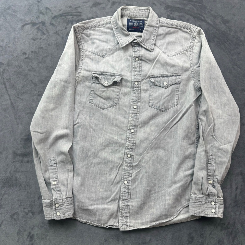 American Eagle Mens Gray Denim Pearl Snap Western Shirt Vintage Fit Medium
